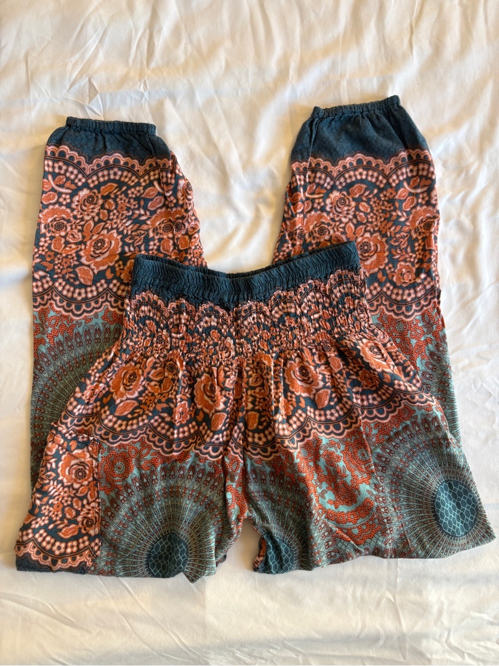 Mandala Print Smocked Waist Wide Leg Pants Boho Indie Cottagecore Prairie Hippie
